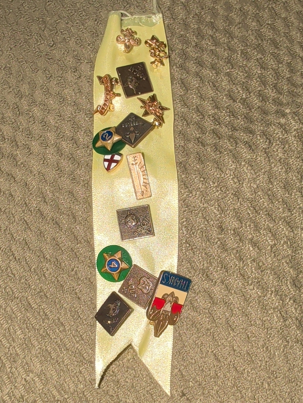 Cream Satin Badge Ribbon with Assorted Vintage Boy Scout Pins